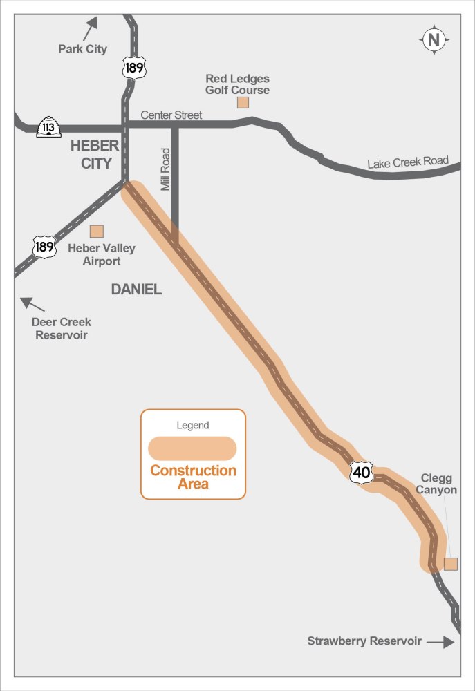 map showing construction area on US-40 from US-189 to Clegg Canyon