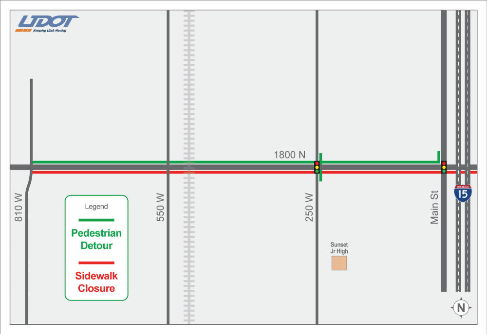 The sidewalk on the south side of 1800 North will be closed from Main Street to 810 West and all pedestrians should use the north side. 