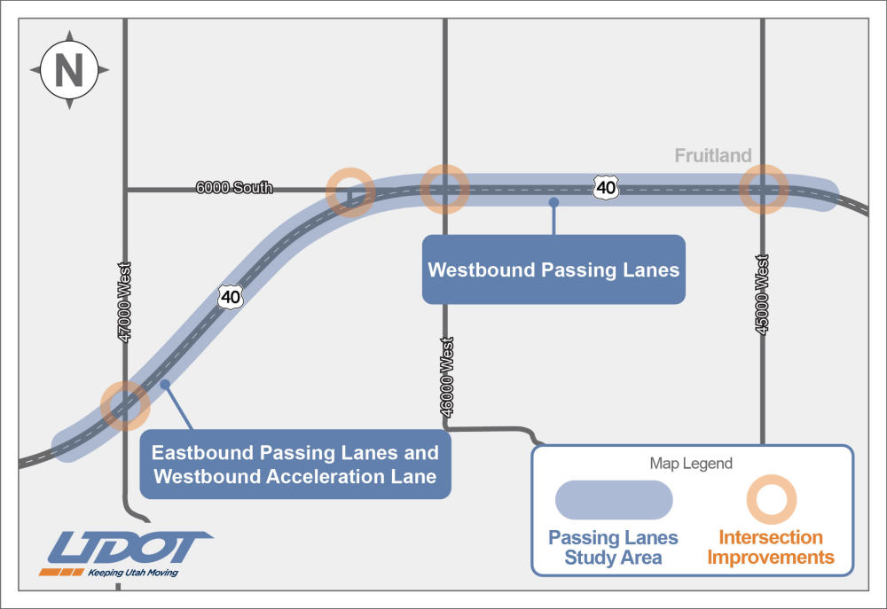 Map of US-40 study area including passing lane and intersection improvement locations.