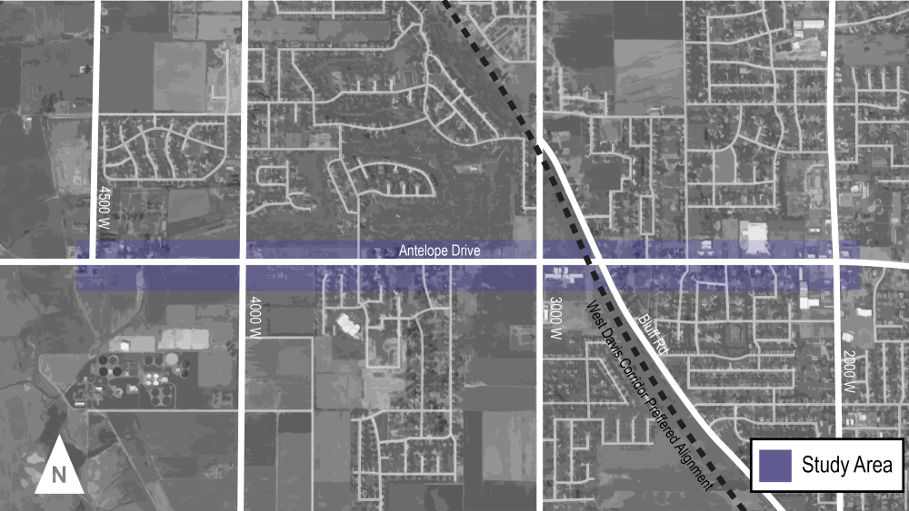 Map of Antelope Dr with shaded area between 4500 W and 2000 W.