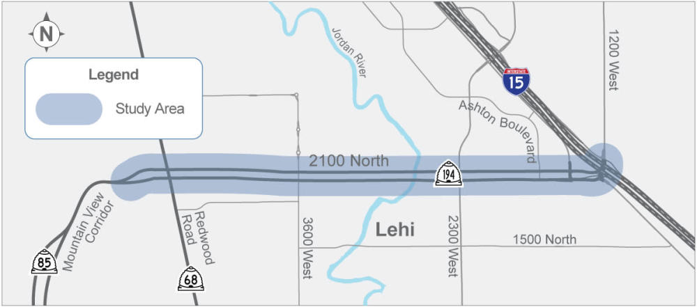 This map of 2100 North in Lehi highlights the project area from Mountain View Corridor to I-15 with location markers.