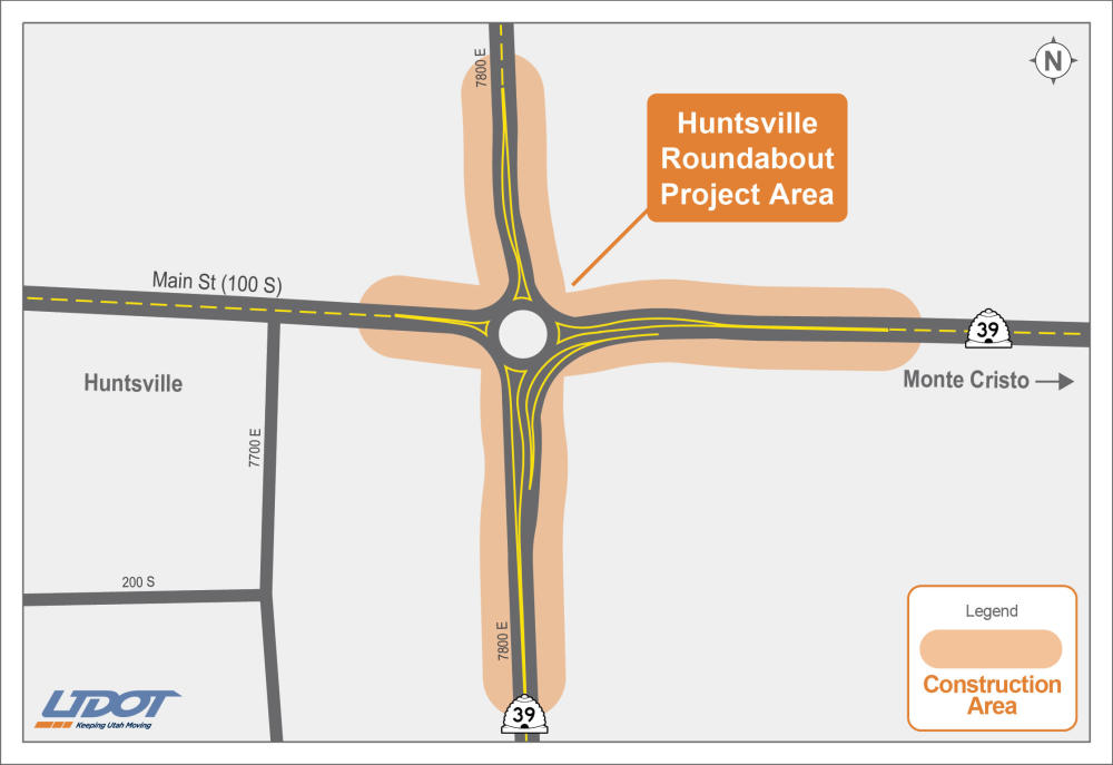 A simple line map showing the location of the Huntsville Roundabout at SR-39 (100 South 7800 East)