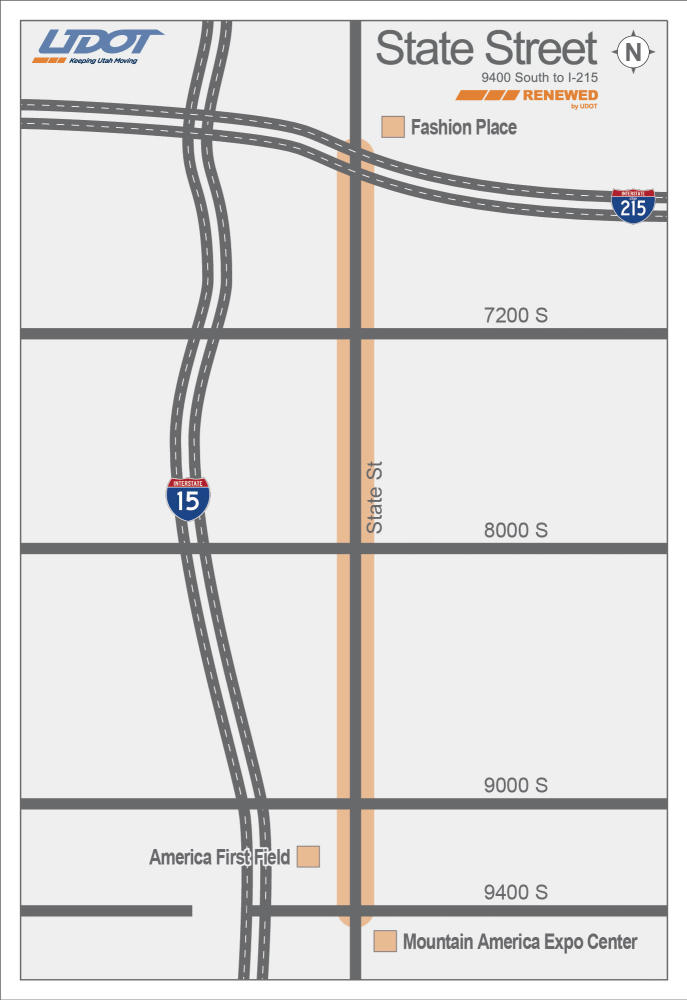 Project map for the State Street Renewed project from 9400 South in Sandy to I-215 in Murray.