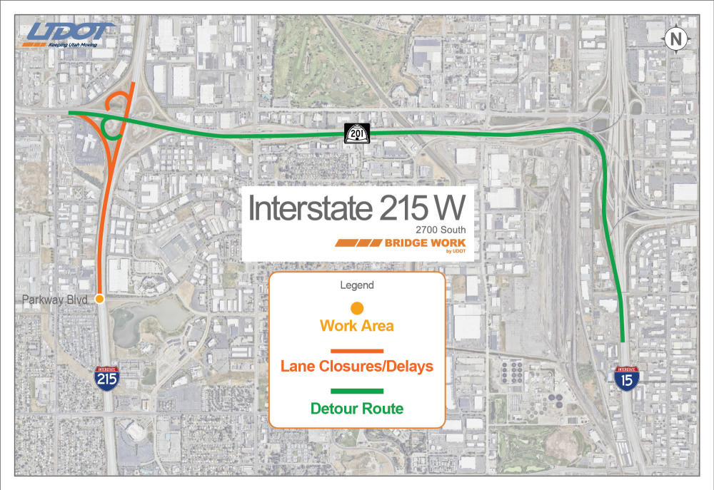 Crews will reduce I-215 W SOUTHBOUND to one lane overnight to finish repair work. This is the alternate route map showing traffic using SR-201 to I-15 to avoid delays.