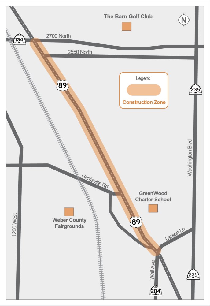 Map highlighting US-89 between 2700 North and Wall Avenue to show the construction area