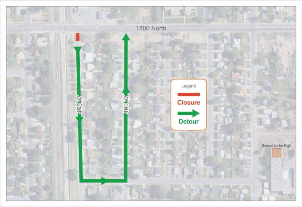 475 West is closed at 1800 North while crews install a new water line. This is the detour map showing 475 West closed and traffic detouring to 400 West. 