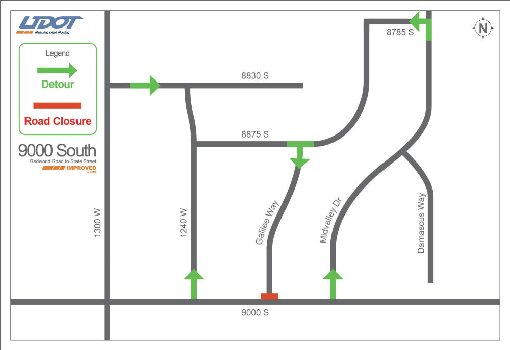Detour map for Galilee Way closure at 9000 South