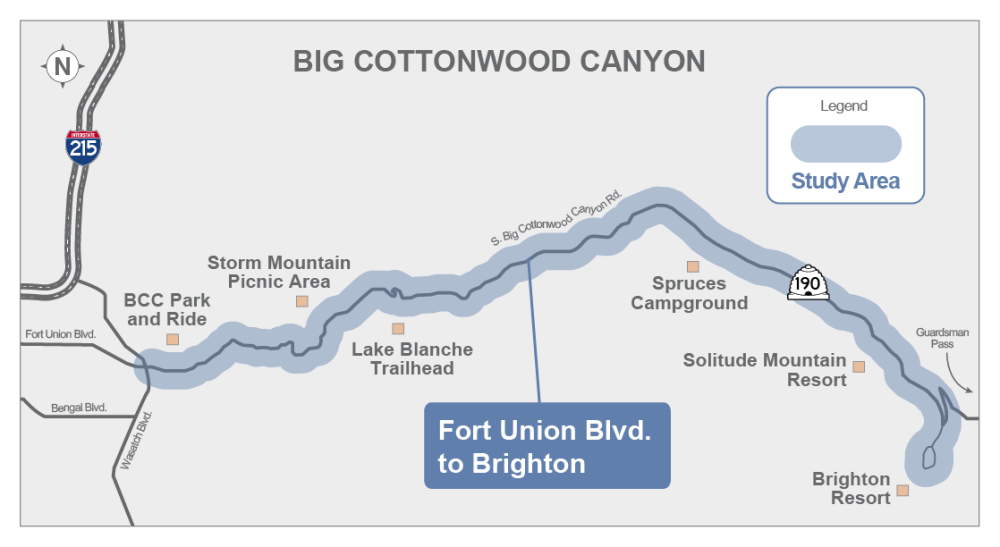 This map of Big Cottonwood Canyon highlights the study area from Fort Union Blvd. to the town of Brighton with location markers.