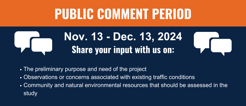 Description of Big Cottonwood Canyon Environmental Study public comment period. Orange box with white text: Public Comment Period. Dark blue box with white text: Nov. 13 through Dec. 13, 2024; Share your input with us on: The preliminary purpose and need of the project Observations or concerns associated with existing traffic conditions Community and natural environmental resources that should be assessed in the study. White chat icons on either side of the date.